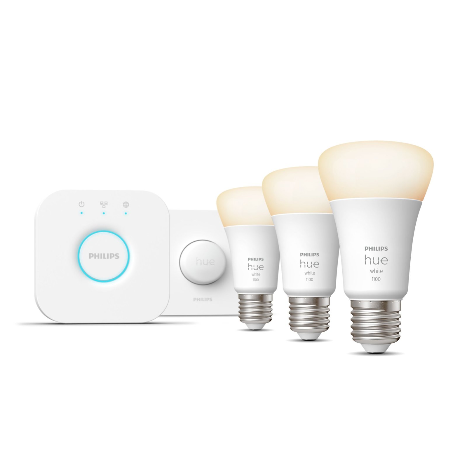 Hue startsæt: E27 LED pærer 3-pak i hvid + Hue Bridge | Philips Hue DK